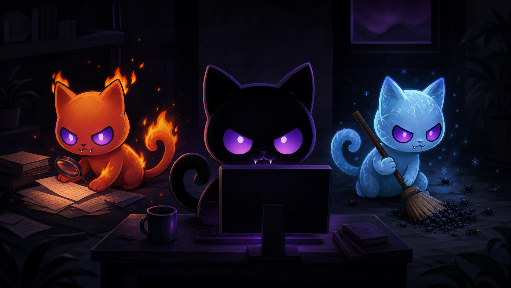 Three chibi cats — fire, shadow, and ice — representing Bilibala Shadowpaw's crew
